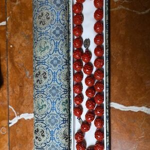 Vintage Chinese Cinnabar Carved Lacque Bead Necklace with Original silk Case.